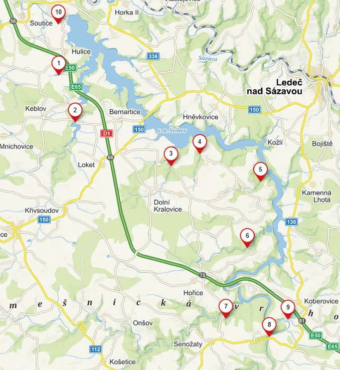 Obr. 1. Lokalizace profilů na přítocích do VN Švihov pro pasivní vzorkování
