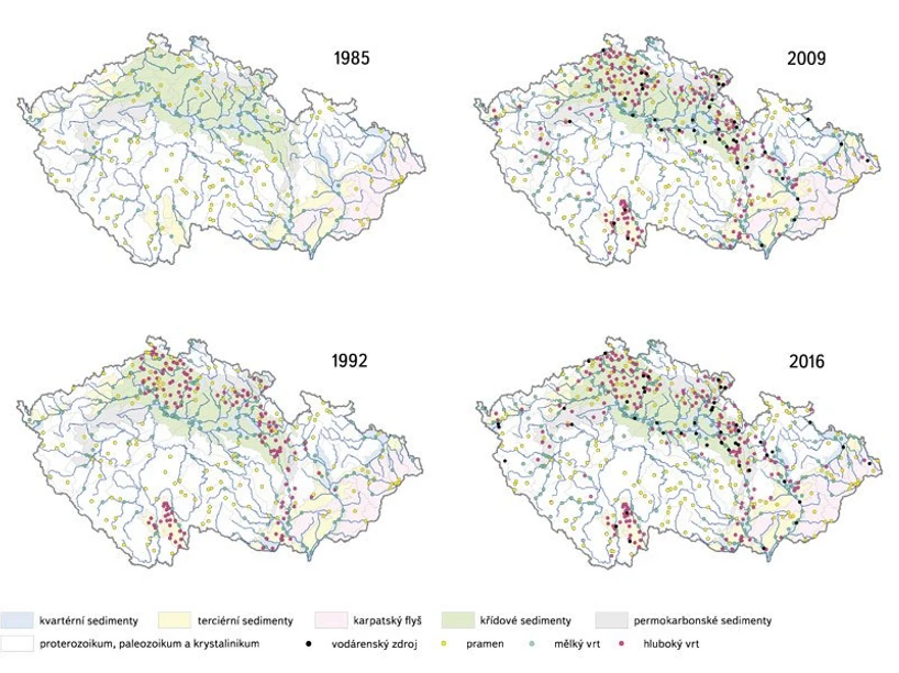 VTEI: Obr. 6. Rozložení monitorovací sítě v letech 1985, 1992, 2009 a 2016