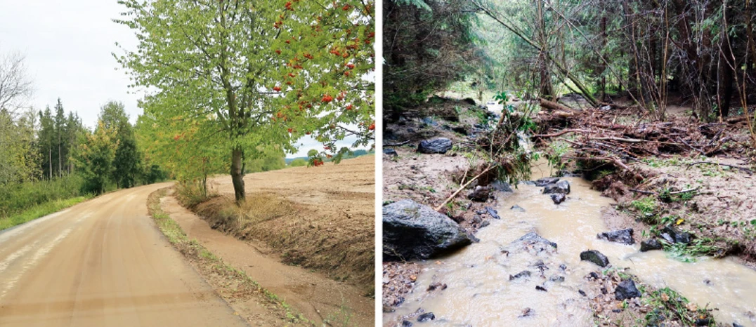 Obr. 6. Půdní eroze v povodí Zahrádčického potoka a dopad srážky 2. 9. 2018 na tok (foto 3. 9. 2018)