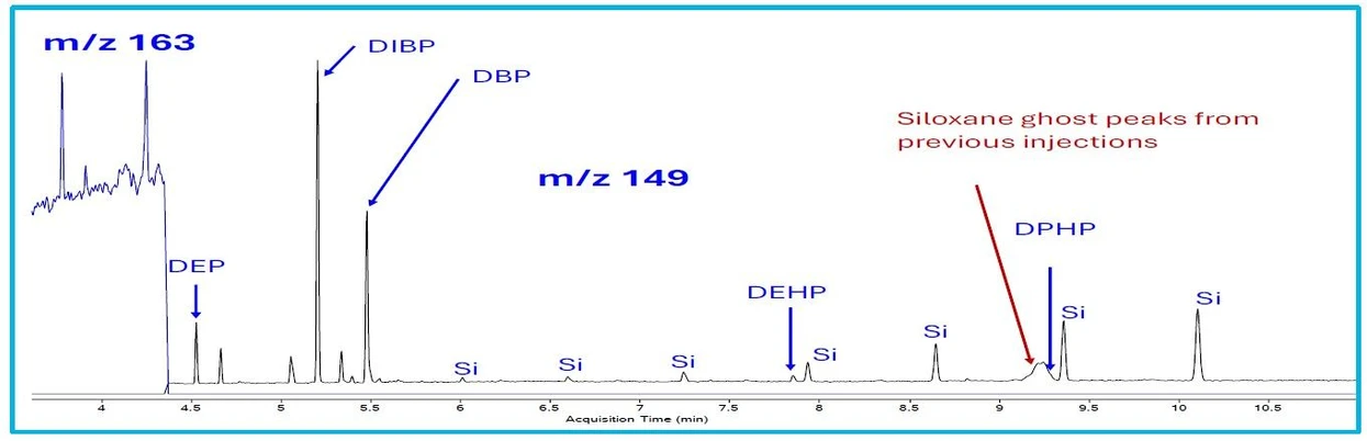 Agilent Technologies: Obrázek 3. Příklad interferencí a kontaminantů původně pozorovaných ve slepých vzorcích s isooktanovým rozpouštědlem.