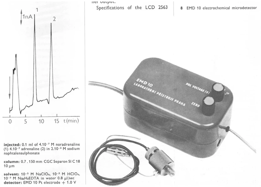 ČSHS: Obr. 6b - Elektrochemický detektor pro mikrokolonovou kapalinovou chromatografii, průmyslová realizace v k. p. Laboratorní přístroje pod označením EMD10, ref. (9, 10).