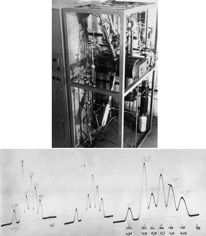 ČSHS: Obrázek 1: První hmotnostní spektrometr v ČSR a záznam prvního spektra rtuti (prosinec 1953)
