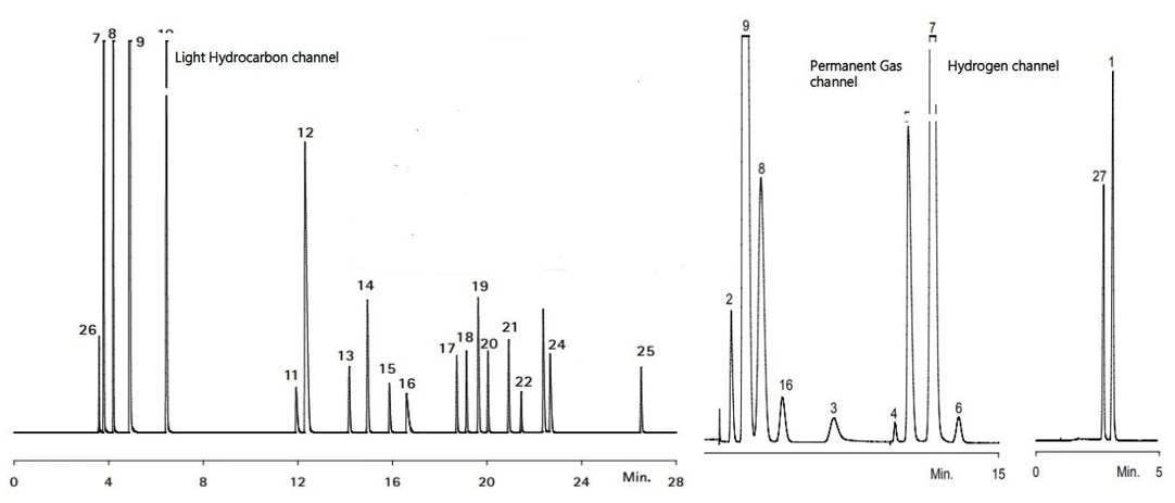 ChromSolutions: 1. Vodík, 2. Oxid uhličitý, 3. Sirovodík, 4. Kyslík, 5. Dusík, 6. Oxid uhelnatý, 7. Methan, 8. Ethan, 10. Propan, 11. Cykloropan, 12. Propylen, 13. I-butan, 14. N-butan, 15. Propadien, 16. Acetylen, 17. T-2-buten, 19. I-buten, 20. C-2-buten, 21. I-pentan, 22. N-pentan, 23. 1,3-butadien, 24. Propyn, 25. Butyn, 26. C6+.