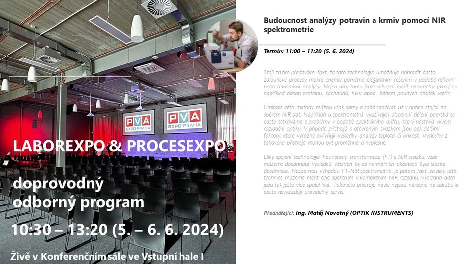 <ul>
<li><strong>Foto:</strong> LabRulez: Přednáška LABOREXPO 2024: Budoucnost analýzy potravin a krmiv pomocí NIR spektrometrie (OPTIK INSTRUMENTS)</li>
</ul>
