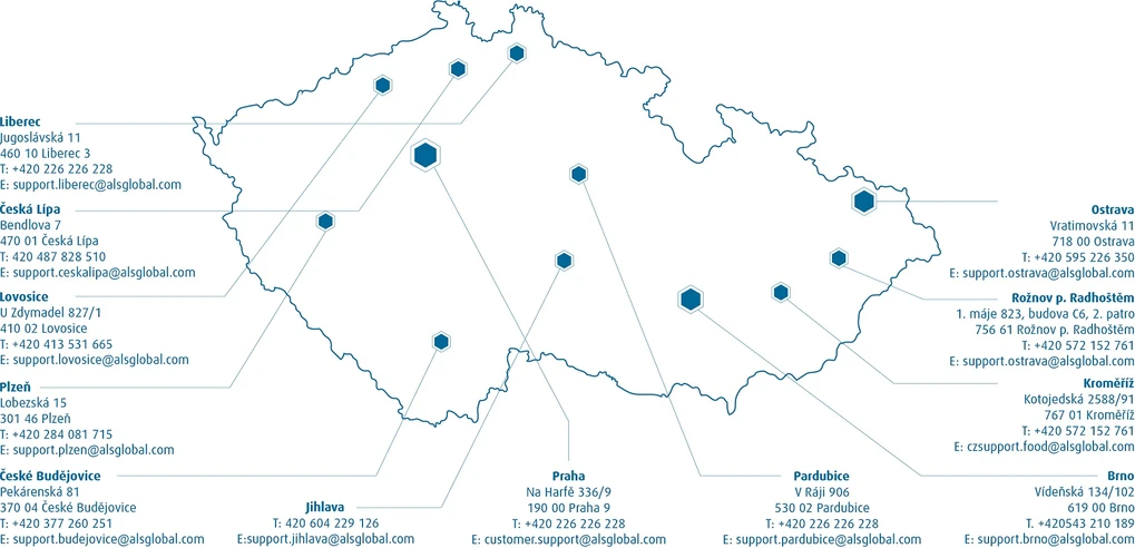 Mapa sítě laboratoří a poboček ALS Czech Republic v České republice.