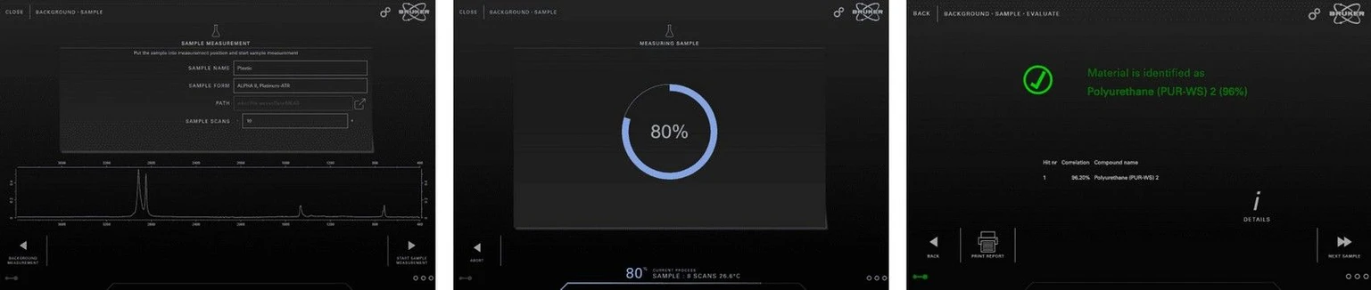 Optik Instruments: Obr. 3 Workflow OPUS TOUCH při identifikaci 1) Zadat parametry; 2) Změřit; 3) Identifikovat