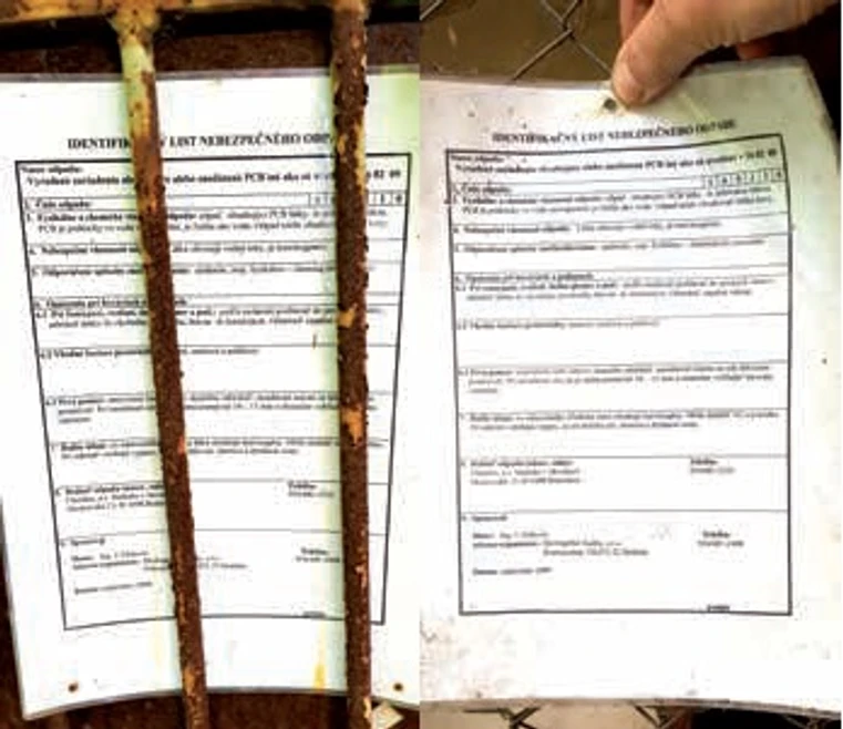 Revue CO: Listy nebezpečného odpadu, ktoré upozorňovali na prítomnosť PCB z objektov bývalá ošipáreň (prvý obr.) a bývalá stará tepláreň (druhý obr.), umiestené na objektoch vo vlastníctve spoločnosti Chemko, a.s., Strážske v likvidácii, pravdepodobne situované na pozemku spoločnosti CRW s. r. o.