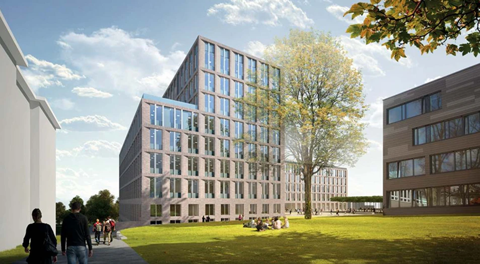 UJEP: Pohled na budovu CPTO ze severu na křídlo s učebnami a laboratořemi. Vpravo je patrná část budovy rektorátu.